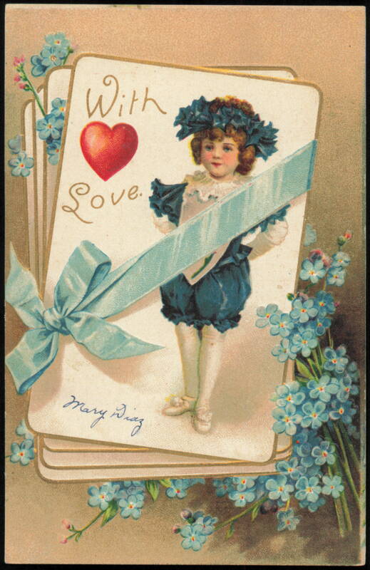 With Love, Child in Blue Suit with Heart & Flowers