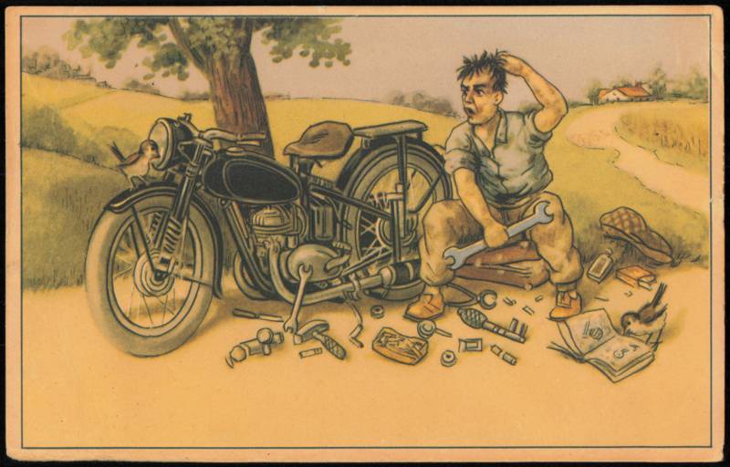 Perplexed Mechanic Repairing Broken Down Motorcycle