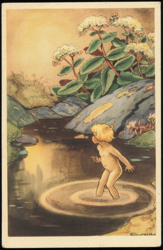 Blonde Child Wading in Pool by Flowering Stonecrop