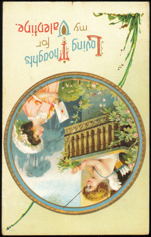 Loving Thoughts for My Valentine, Woman & Cupid Balcony