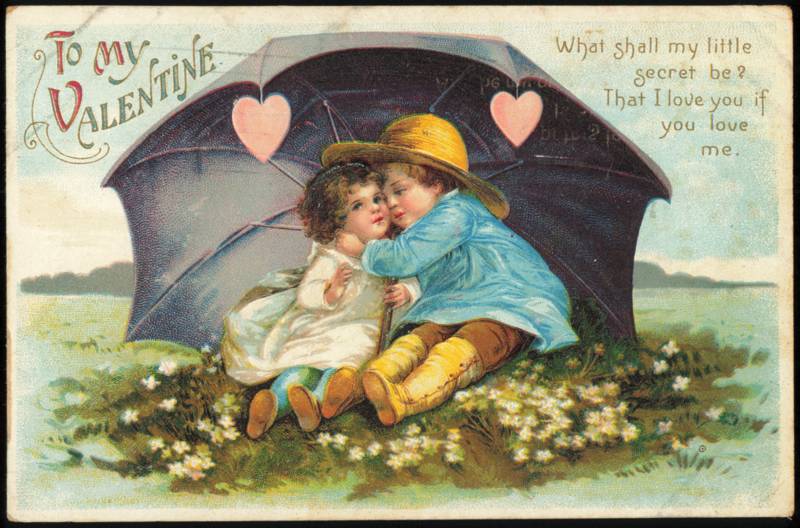 Valentine Children Whispering Under Umbrella with Hearts