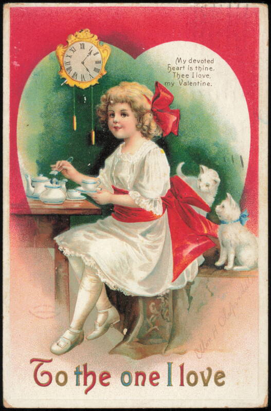 Ellen Clapsaddle Valentine Girl with Tea Set and Cats
