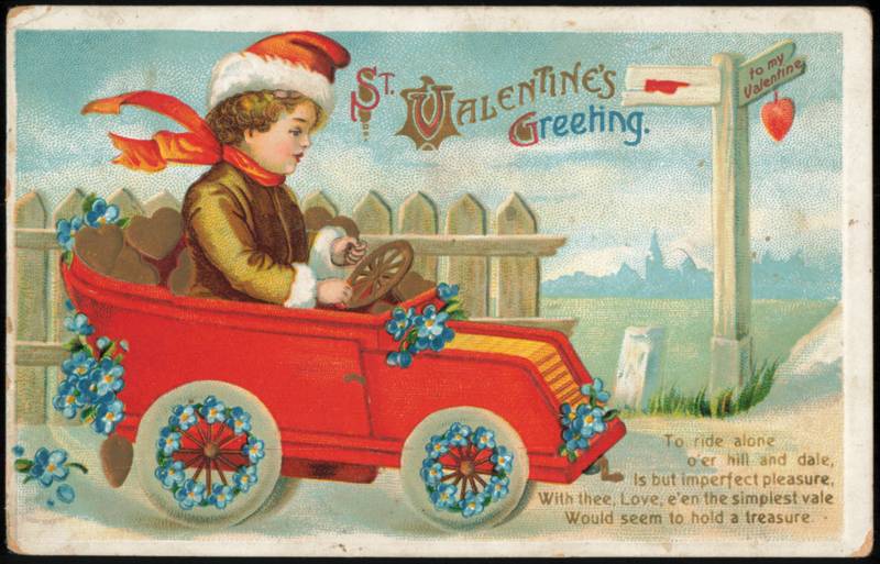 St. Valentine's Greeting, Child in Red Car with Hearts