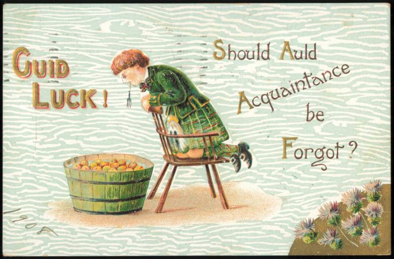 Guid Luck! Scottish Boy Bobbing for Apples with Fork