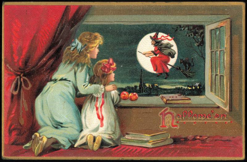 Hallowe'en Girls Watching Witch Flying Across Moon