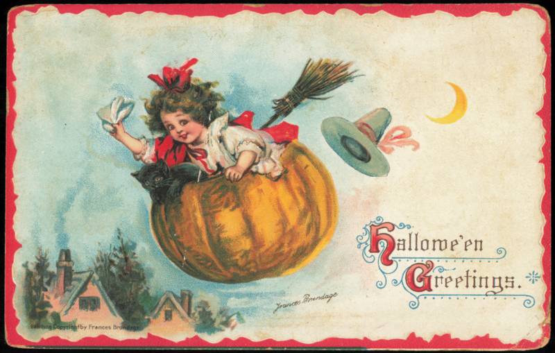 Frances Brundage Halloween Girl Flying in Pumpkin with Cat