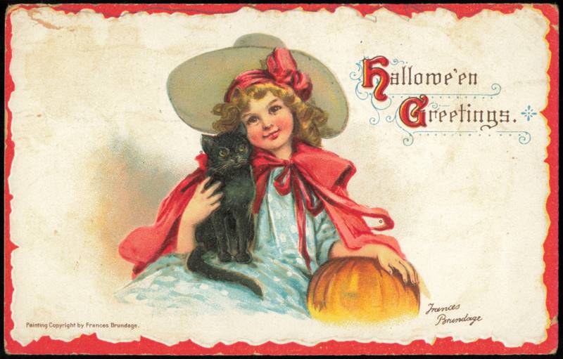 Frances Brundage Halloween Greetings Girl Black Cat Pumpkin