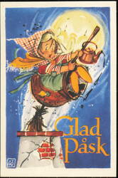 Swedish Easter Witch Flying from Chimney Glad Påsk Postcard