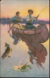 Bristol Steel Fishing Rods, Woman Landing Bass Canoe Postcard