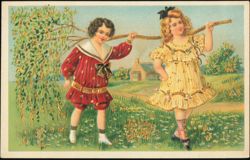 Boy and Girl Carrying Branch, Birthday Greeting Postcard
