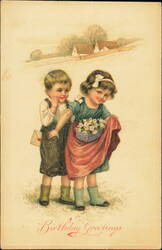 Birthday Greetings, Boy with Letter & Girl with Flowers Postcard