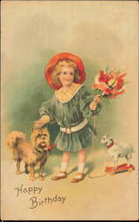 Happy Birthday Child with Shaggy Dog, Flowers & Toy Lamb Postcard