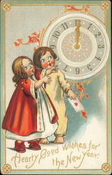 Children Watching Midnight Clock New Year Greeting Tuck Postcard