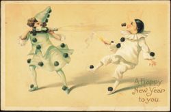 A Happy New Year to You, Pierrot Clowns Popping Champagne Postcard