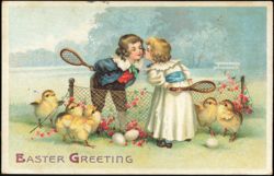 Children Kissing over Tennis Net Chicks Easter Greeting Postcard