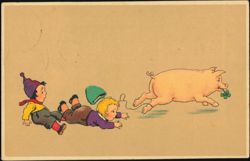 Boy Chasing Pig with Four-Leaf Clover Postcard