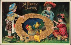 Happy Easter Children Painting Giant Golden Egg Chicks Postcard