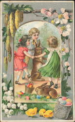 A Happy Easter - Children with Bunnies and Chicks Postcard