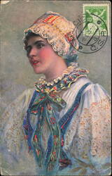 Czecho-Slovak National Costume Woman in Folk Headdress Postcard