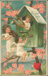 To One I Love Cherub Musicians & Birdhouse Valentine Postcard