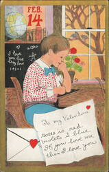 Schoolboy Writing Valentine Poem at School Desk Feb 14 Postcard