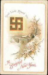 Good Luck Swastika Winter Cottage Bright New Year Postcard