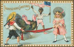 Thanksgiving Greetings, Black Boy with Flag & Turkeys Postcard