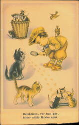 Boy Detective with Magnifying Glass and Cats, Swedish Verse Postcard