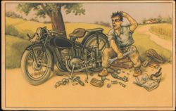 Perplexed Mechanic Repairing Broken Down Motorcycle Postcard