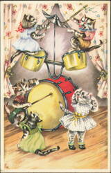 Dressed Kittens Playing Drums and Dancing, by EK Postcard
