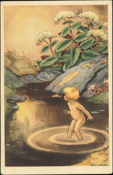 Blonde Child Wading in Pool by Flowering Stonecrop Postcard