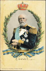 King Oscar II of Sweden Portrait with Crown and Wreath Postcard