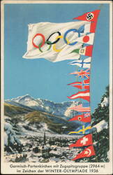 1936 Winter Olympics Garmisch-Partenkirchen & Flags Postcard