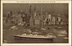RMS Queen Mary Against Lower New York Skyline Postcard