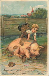 Boy Riding Pig with Gold Coins New Year Greeting Postcard