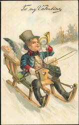 To My Valentine, Winged Boy Postilion on Sled with Horn Postcard