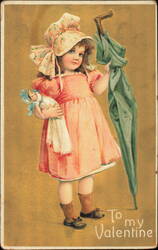 To My Valentine Little Girl with Doll and Umbrella Postcard