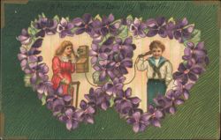 Valentine, Children on Telephones, Heart of Violets Postcard