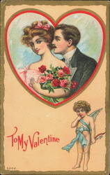 Valentine Couple in Heart with Cupid and Roses Postcard