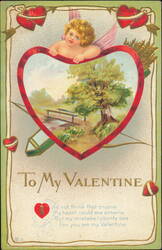 To My Valentine, Cherub with Landscape Heart & Poem Postcard