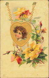 Girl in Heart Locket & Yellow Roses by Catharina Klein Postcard