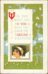 Will You, Won't You Valentine Greeting Woman in Bonnet Postcard