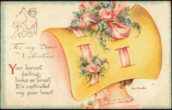 Irene Marcellus Woman in Large Yellow Bonnet Valentine Postcard