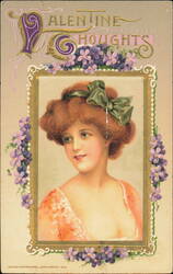 Valentine Thoughts Woman with Green Bow, John Winsch Postcard