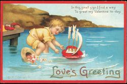 Ellen Clapsaddle Valentine Child Sailing Heart Boat Postcard