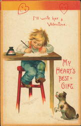 Ellen Clapsaddle Boy Writing Valentine with Dog Postcard