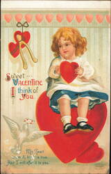 Sweet Valentine I Think of You, Girl on Heart with Dove Postcard