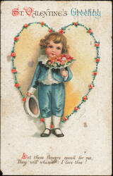 Ellen Clapsaddle Valentine Boy with Flowers in Heart Postcard