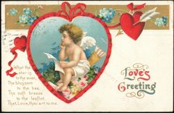 Love's Greeting, Cupid Reading Letter in Heart Postcard