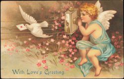 With Love's Greeting Cupid with Telephone & Carrier Dove Postcard